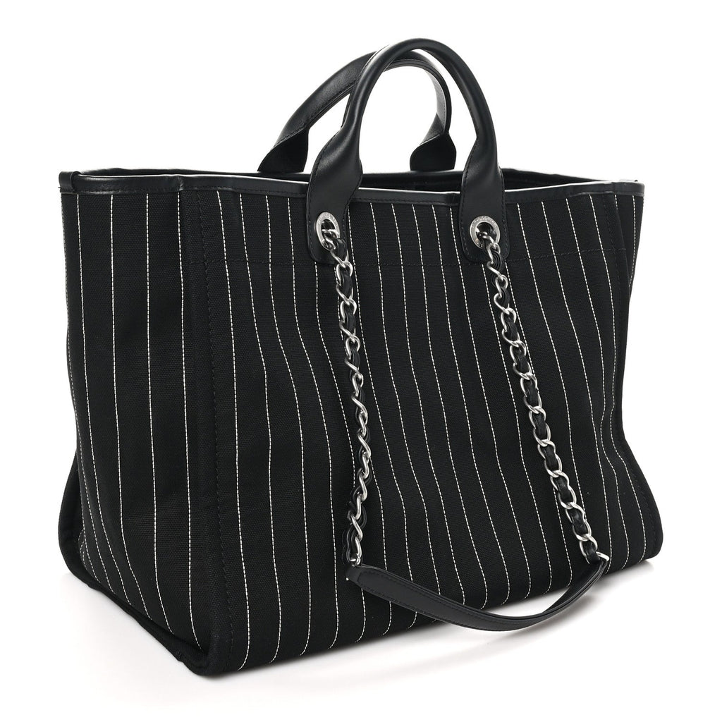Canvas Calfskin Striped Medium Deauville Tote Black White