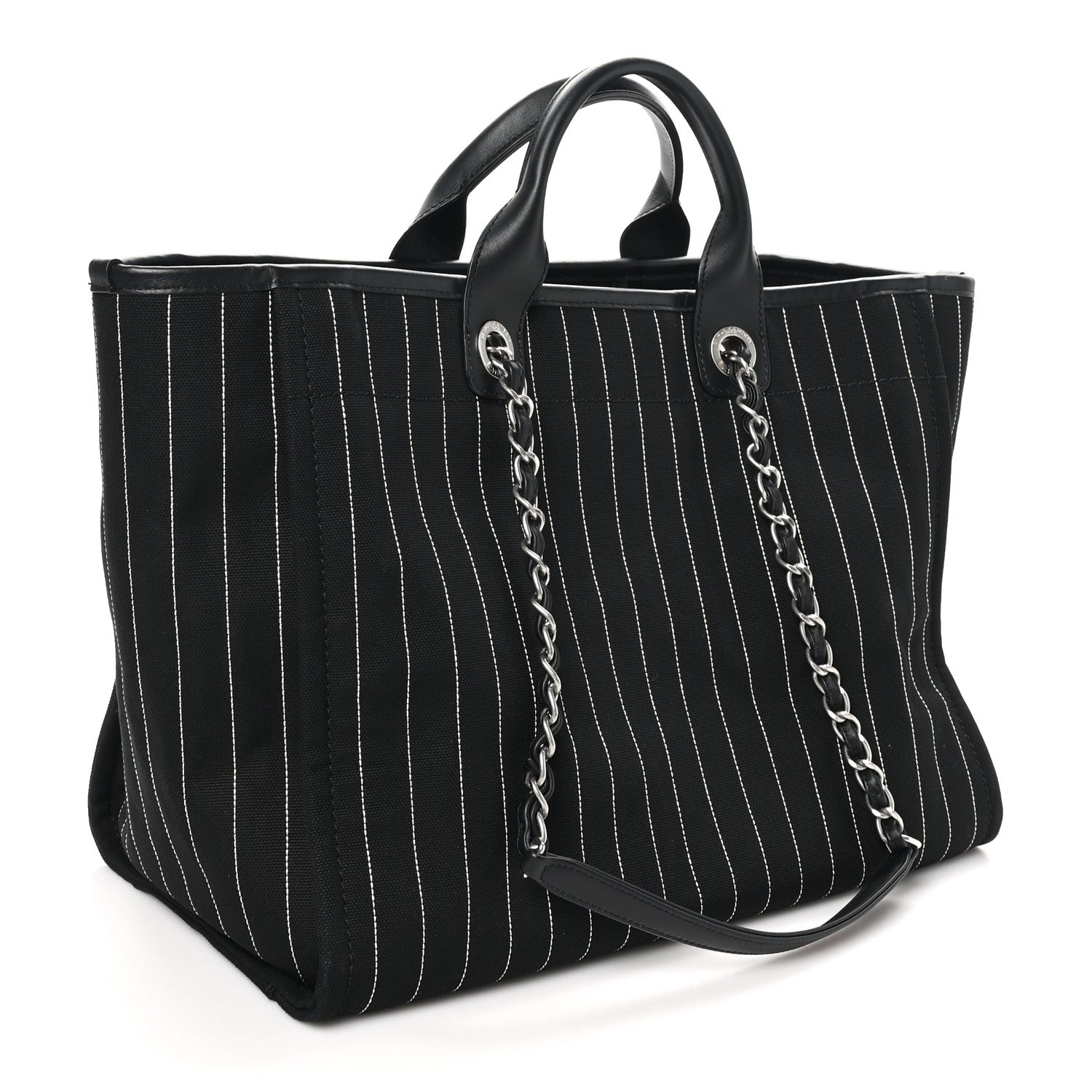Canvas Calfskin Striped Medium Deauville Tote Black White