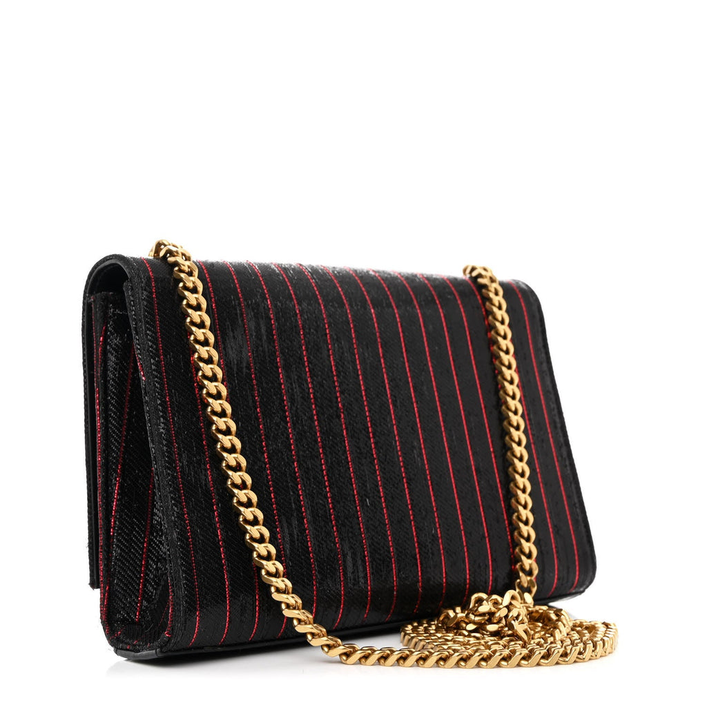 Metallic Calfskin Striped Small Monogram Kate Satchel Black Red