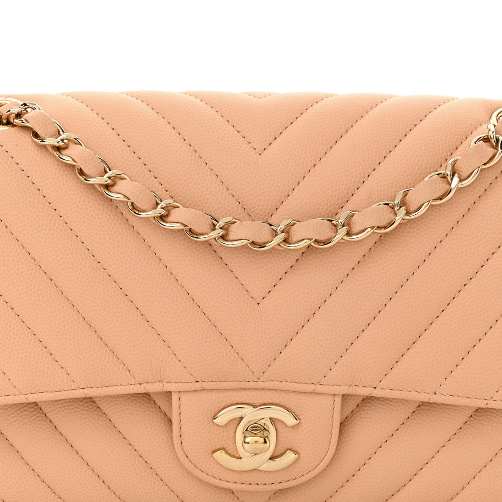 Caviar Chevron Quilted Medium Double Flap Beige
