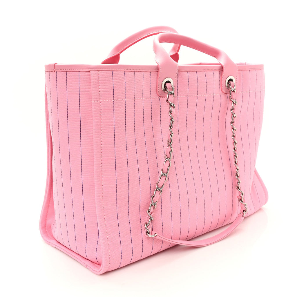 Canvas Calfskin Striped Large Deauville Tote Pink Blue