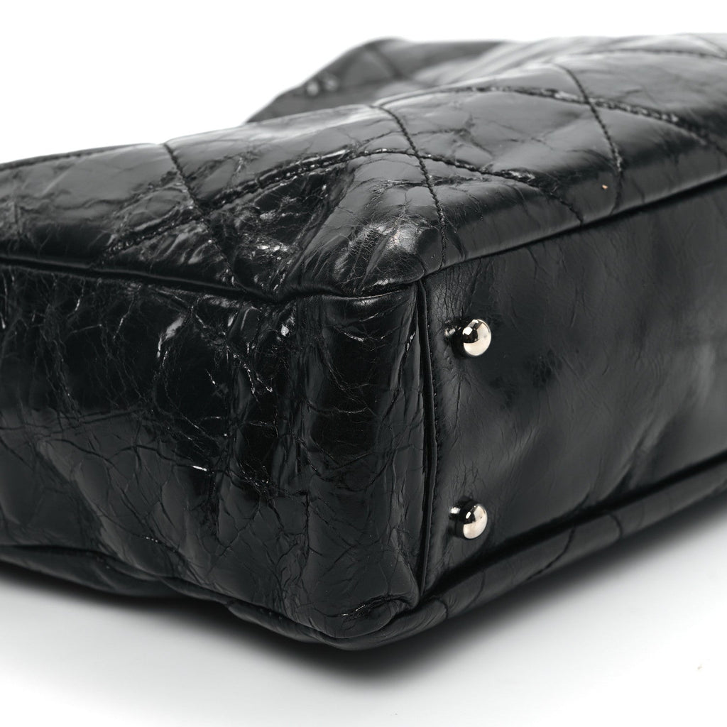 Glazed Calfskin Lambskin Quilted Portobello Tote Black Grey
