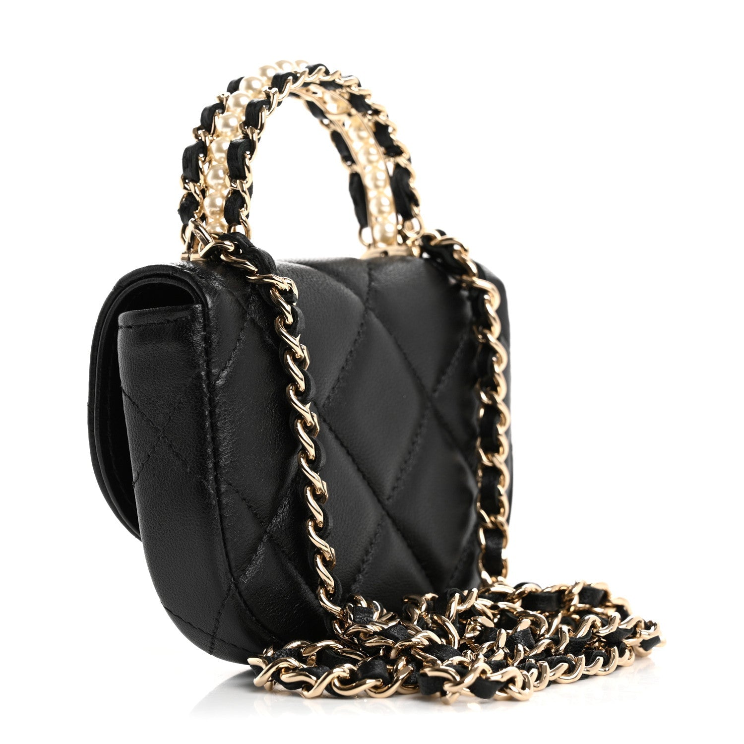Lambskin Quilted Pearl Top Handle Clutch With Chain Black