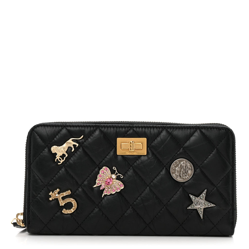 Aged Calfskin Quilted Lucky Charms 2.55 Reissue Zip Around Wallet Black