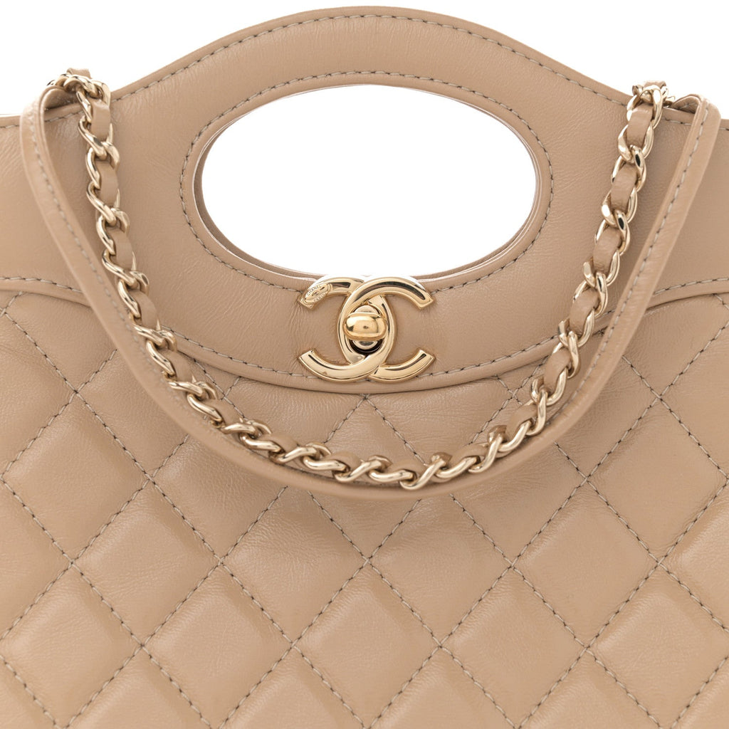 Shiny Crumpled Calfskin Quilted Mini 31 Shopping Bag Dark Beige