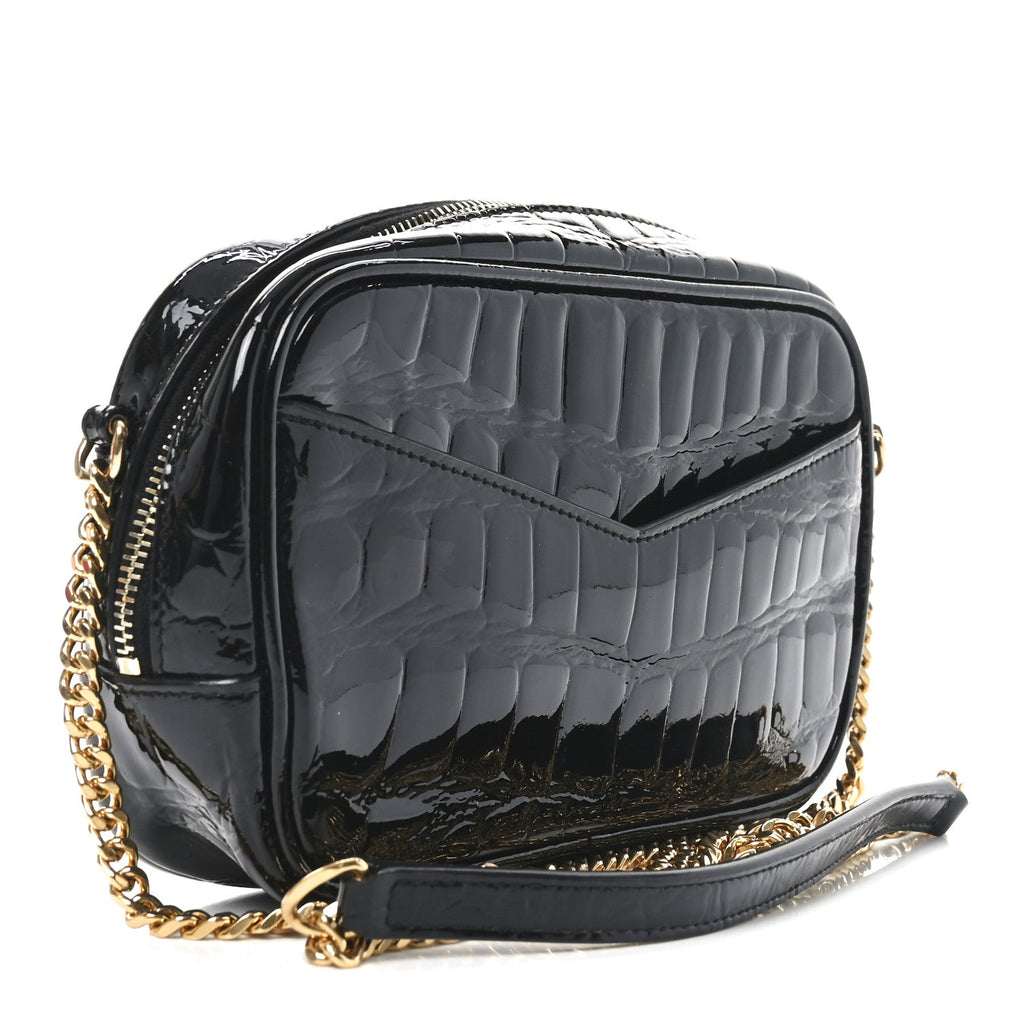 Patent Calfskin Crocodile Embossed Monogram Mini Lou Camera Bag Black