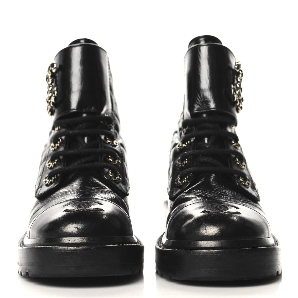Shiny Calfskin Quilted Lace Up Combat Boots 35 Black