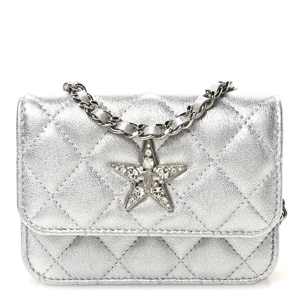 Metallic Goatskin Quilted Crystal CC Walk Of Fame Clutch With Chain Silver