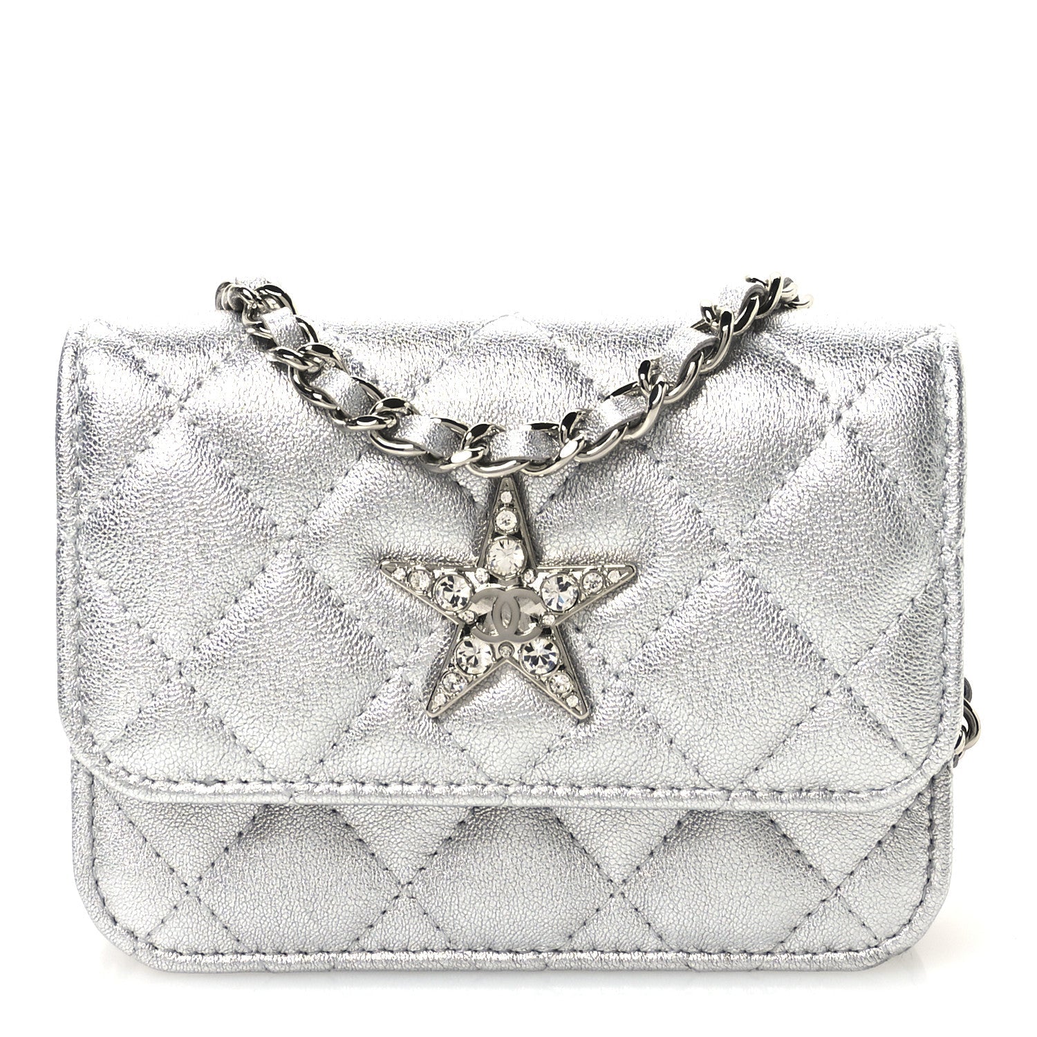 Metallic Goatskin Quilted Crystal CC Walk Of Fame Clutch With Chain Silver