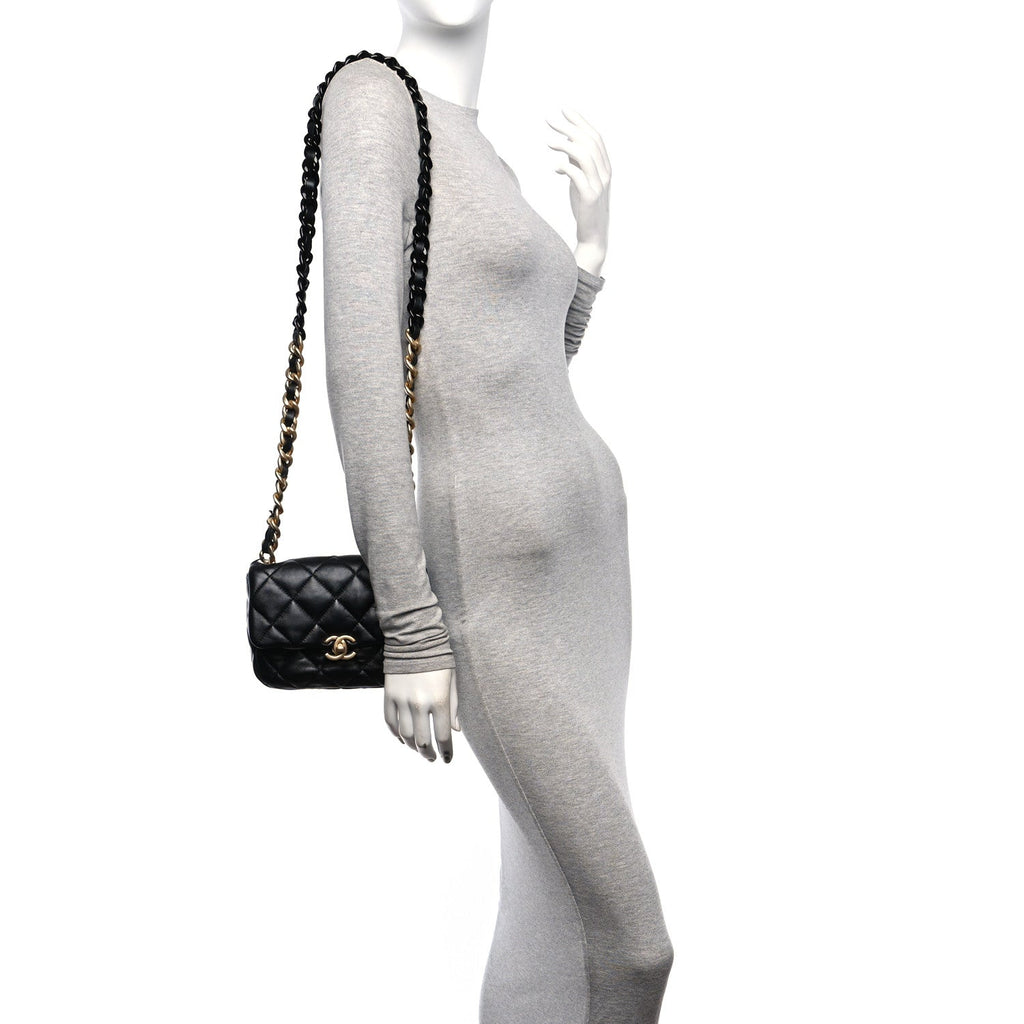 Lambskin Quilted Mini Lacquered Chain Flap Black