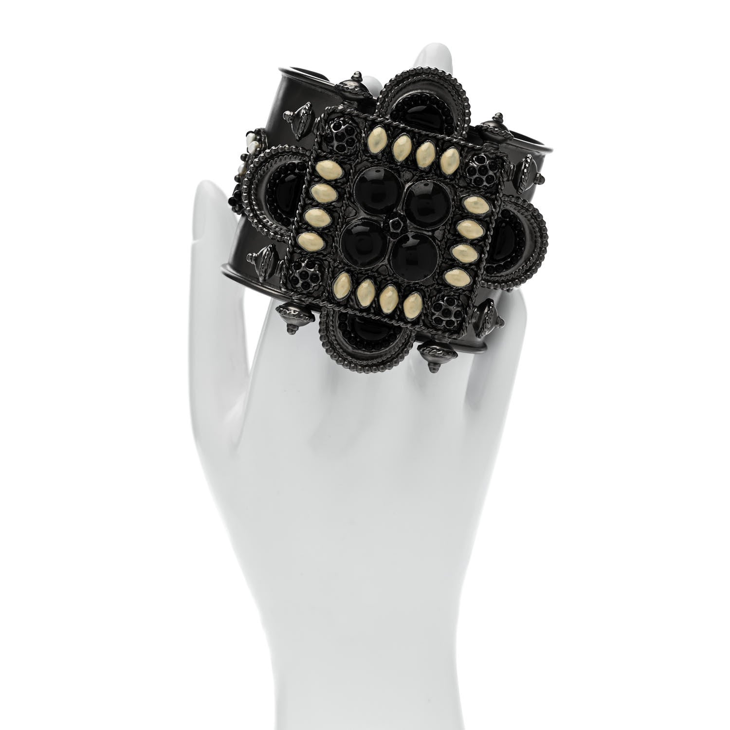Resin Gripoix Pearl CC Wide Cuff Dark Silver