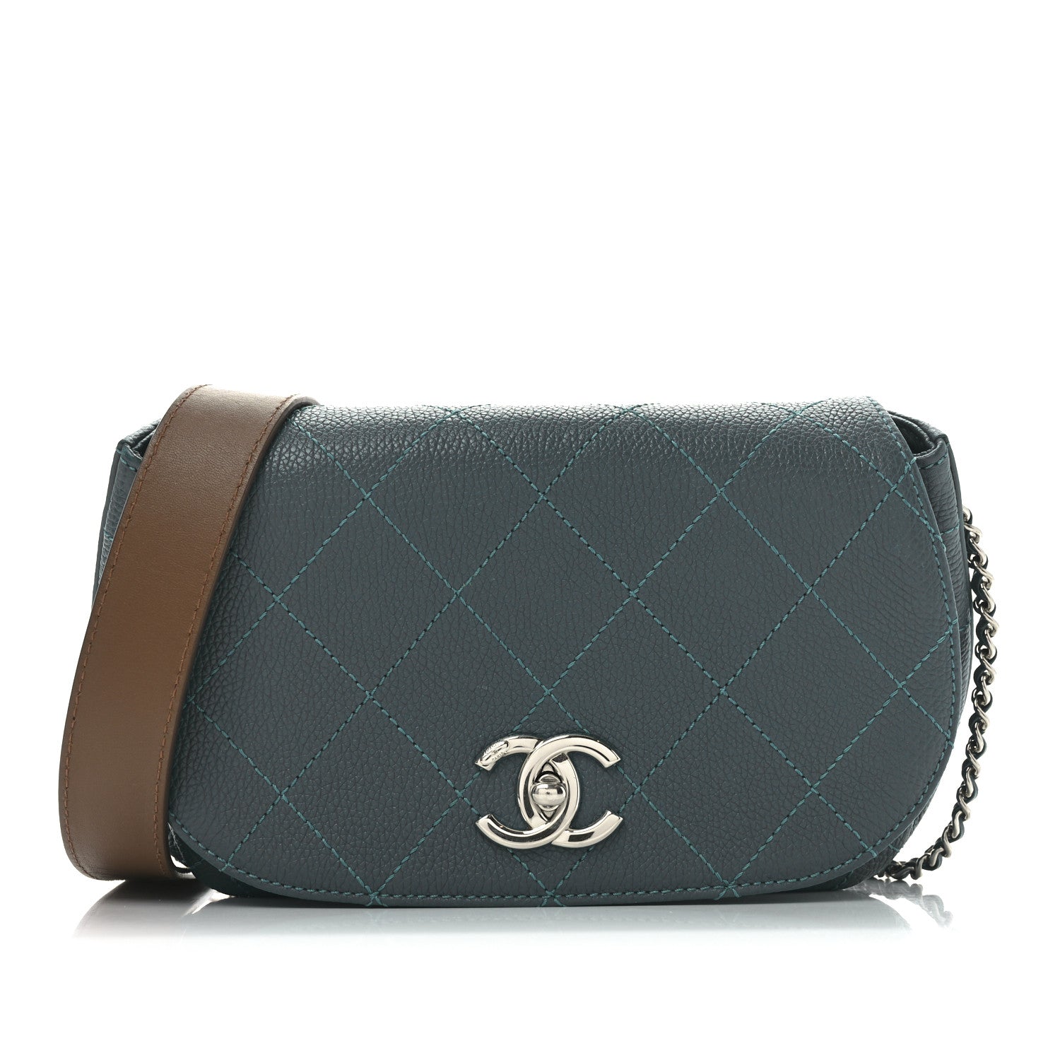 Grained Calfskin Stitched Small Messenger Flap Bag Teal