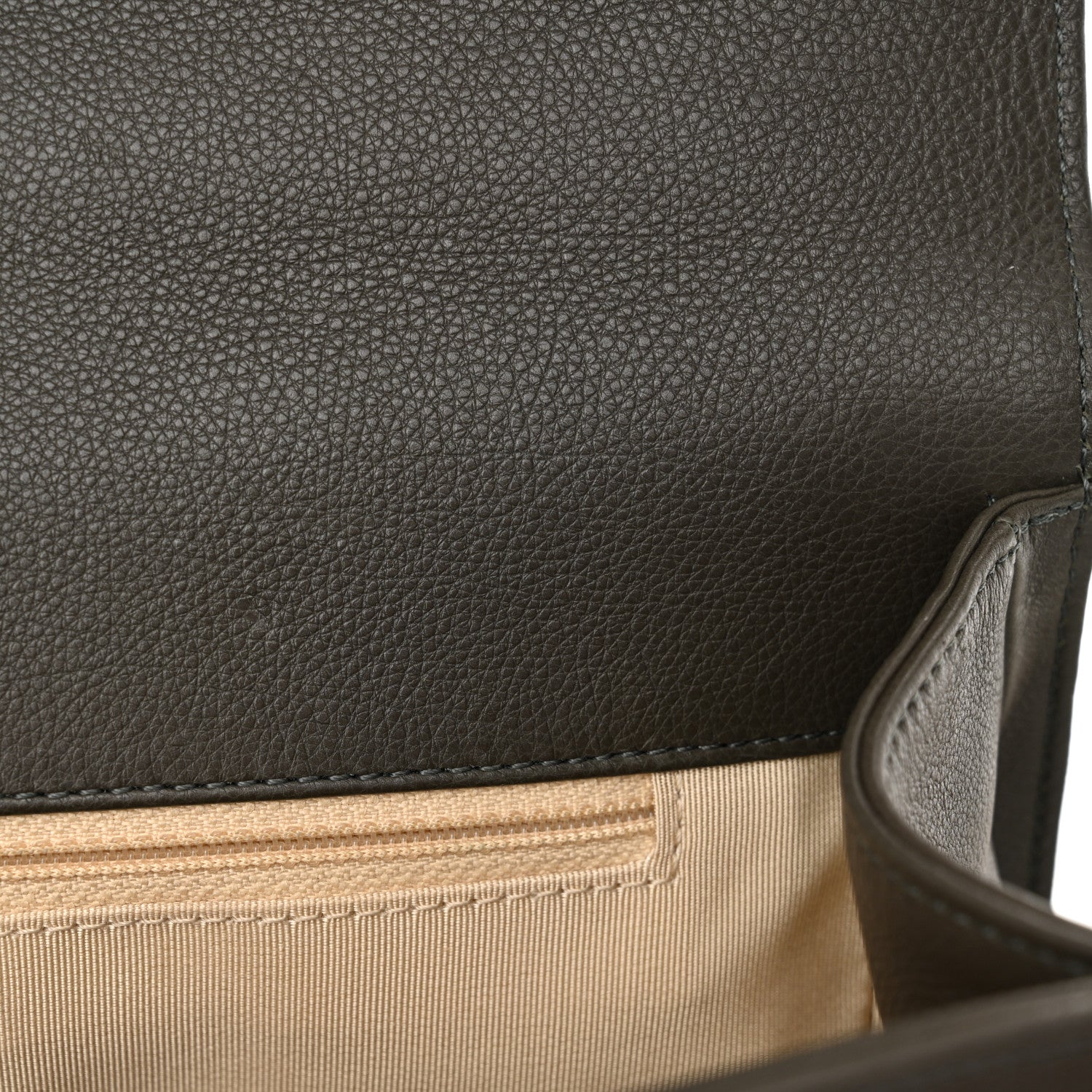 Grained Calfskin Quilted Large Label  Flap Bag Khaki