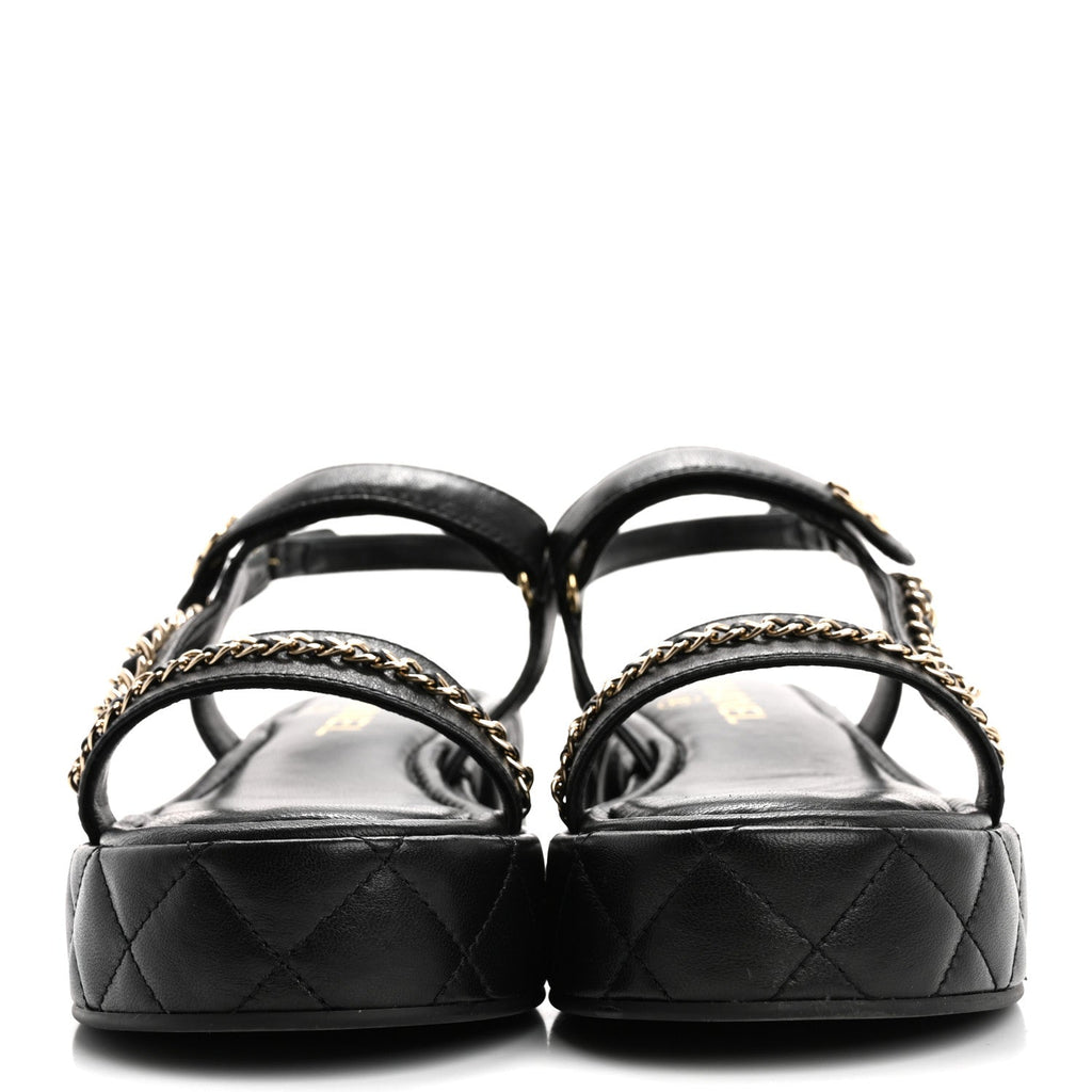 Lambskin Quilted Chain CC Platform Sandals 37.5 Black