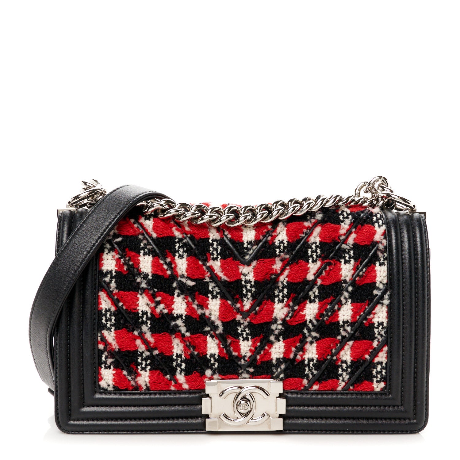 Lambskin Tweed Woven Medium Chevron Boy Flap Red White Black