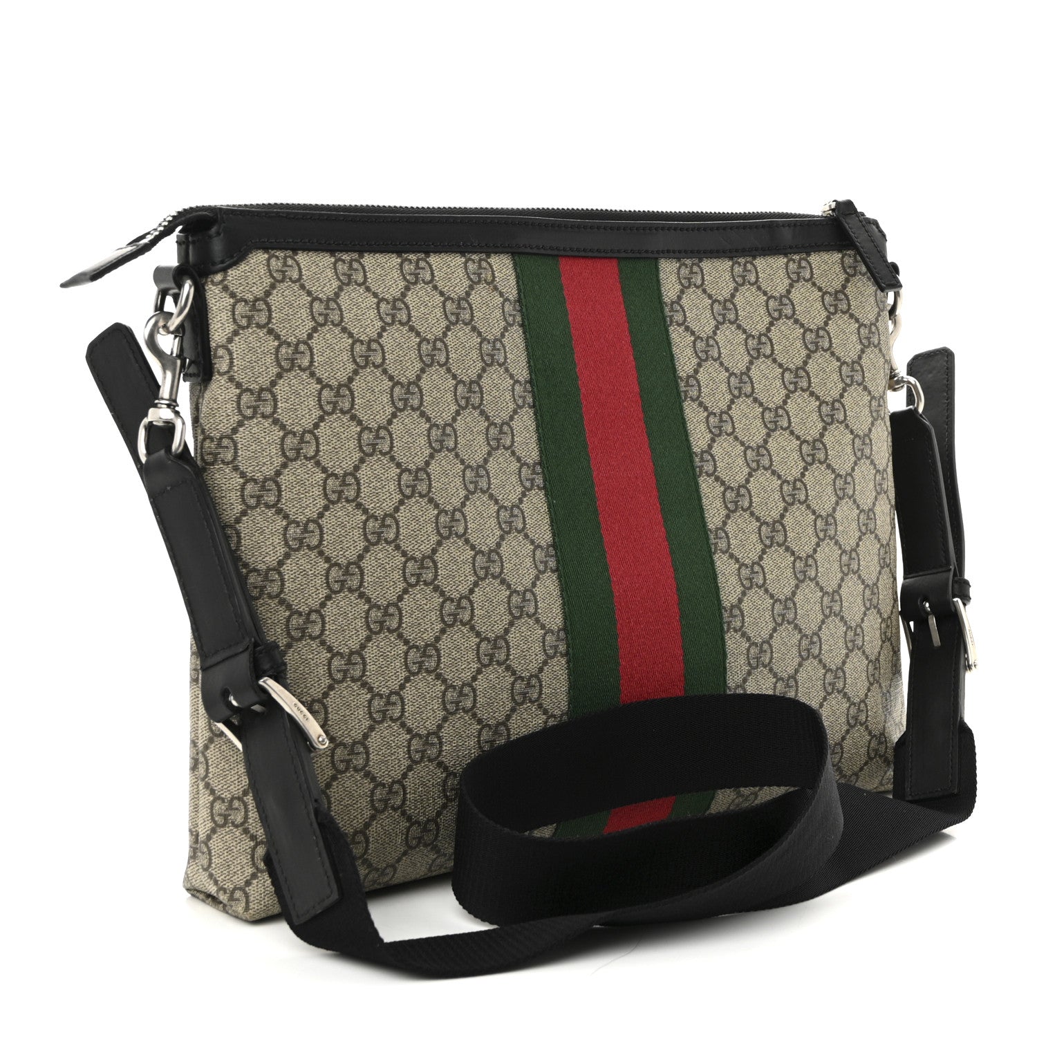 GG Supreme Monogram Calfskin Web Medium Flat Messenger Bag Beige Ebony Black