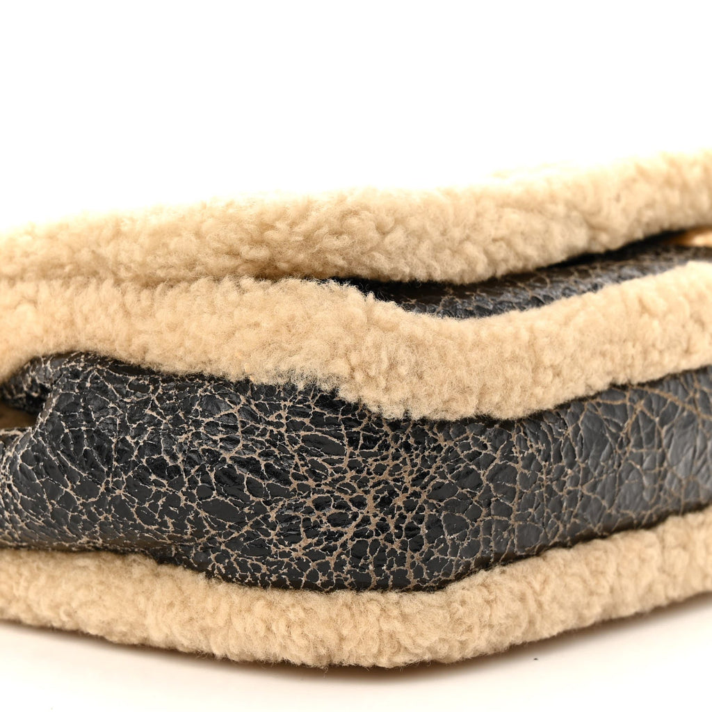 Shiny Crumpled Sheepskin Shearling CC Mania Flap Bag Black Beige