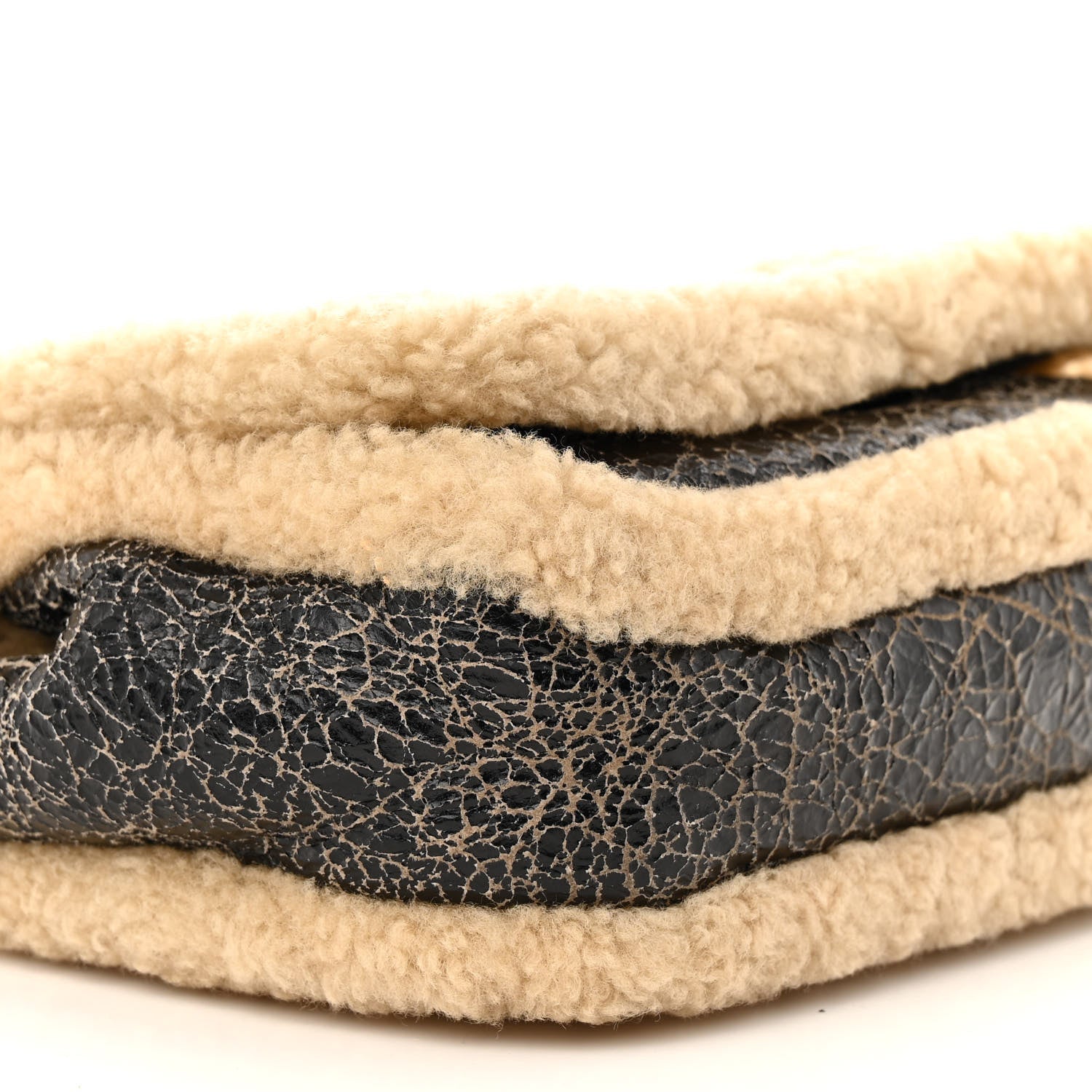Shiny Crumpled Sheepskin Shearling CC Mania Flap Bag Black Beige