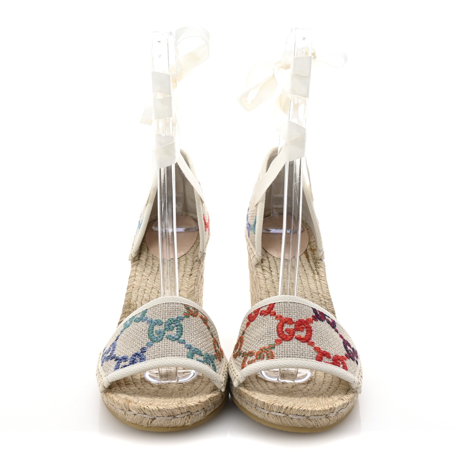 Linen Psychedelic Mini GG Monogram Ankle Wrap Platform Espadrille Wedge Sandals 41 Multicolor Mystic White