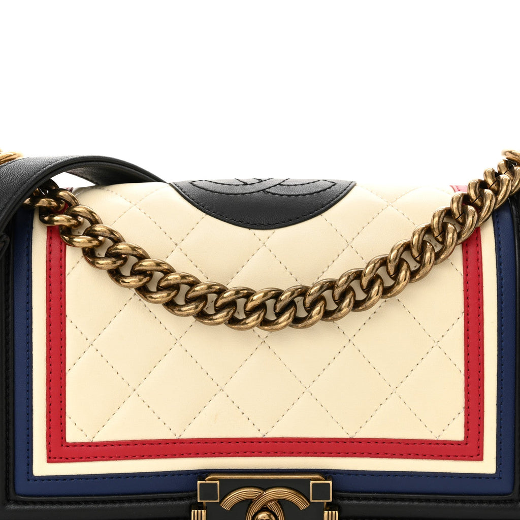 Lambskin Quilted Crest Embellished Medium Boy Flap Black White Blue
