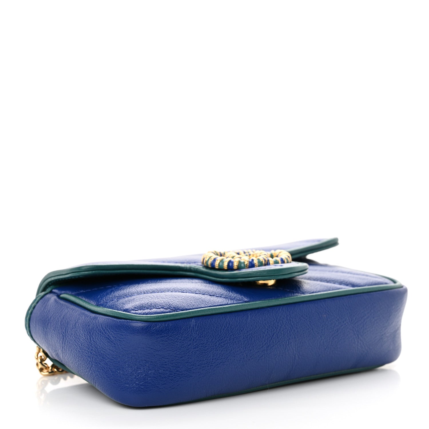 Azalea Calfskin Enamel Matelasse Diagonal Super Mini Torchon GG Marmont Shoulder Bag Imperial Blue Pavone