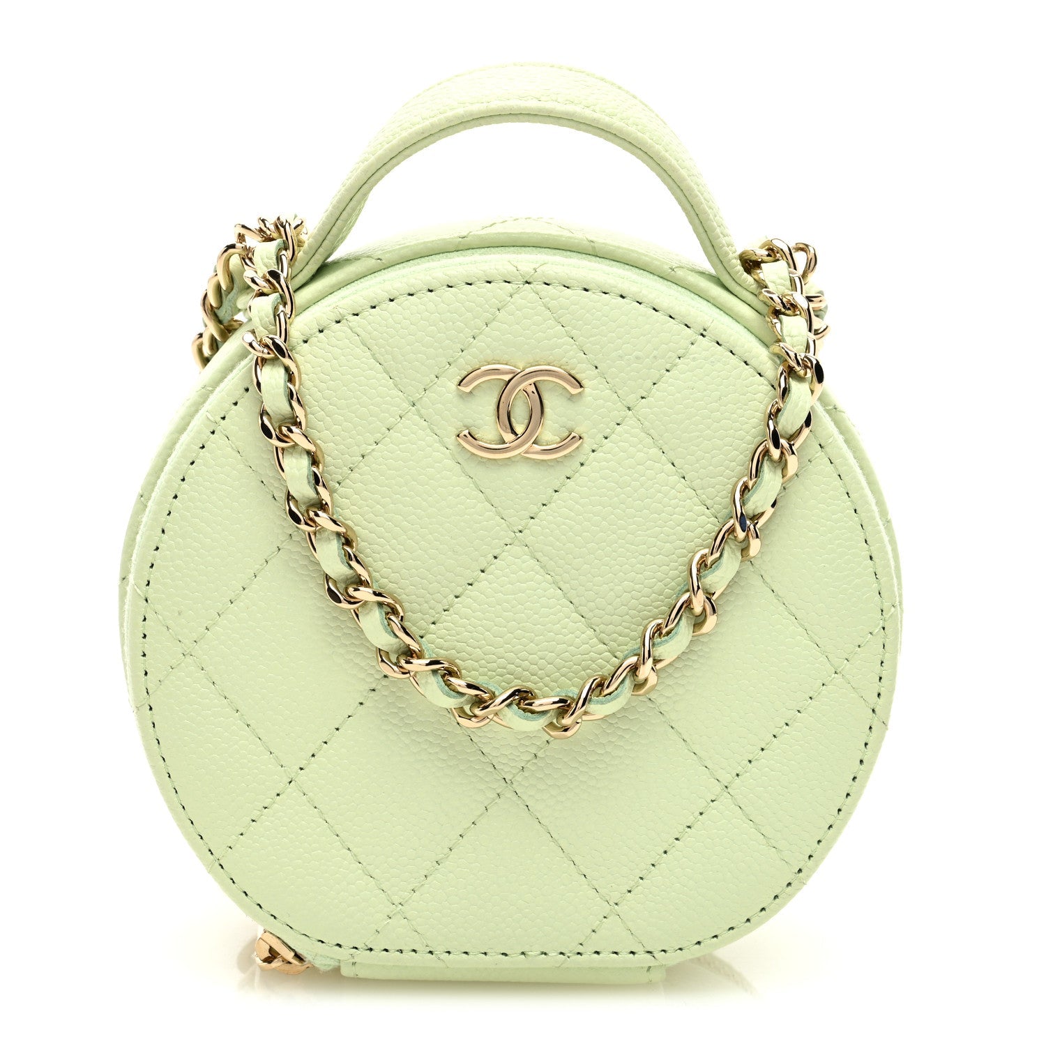 Caviar Quilted Round Handle With Care Vanity With Chain Light Green