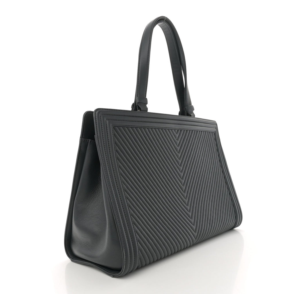 Calfskin Chevron Quilted Boy Shopping Tote Grey