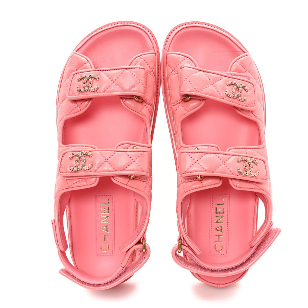 Lambskin Quilted Velcro Dad Chain CC Sandals 40 Pink