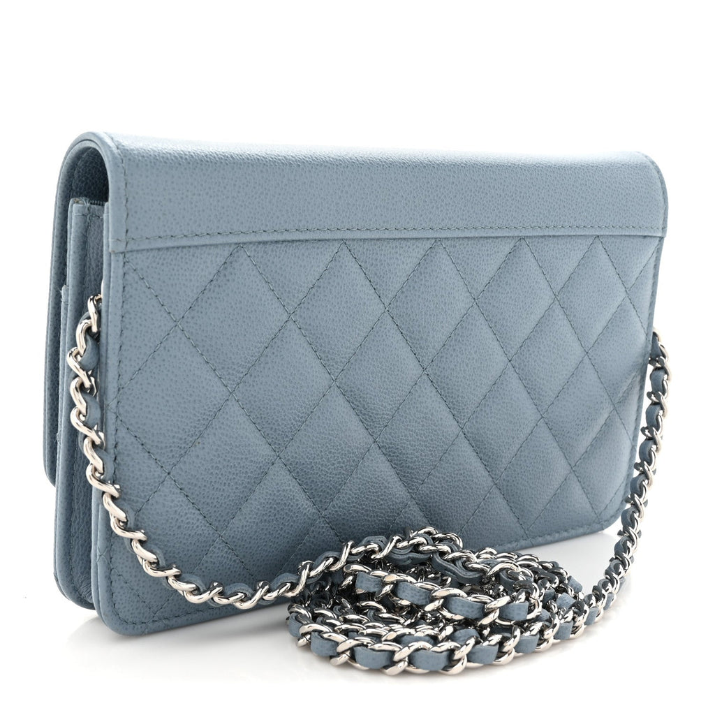 Grained Calfskin Quilted CC Box Wallet On Chain WOC Blue