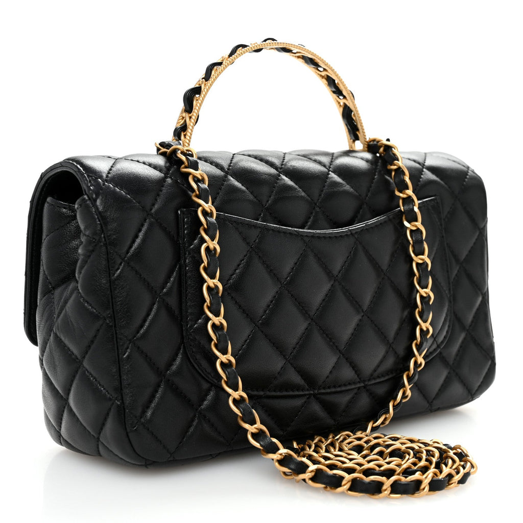 Lambskin Quilted Small Metal Top Handle Flap Black