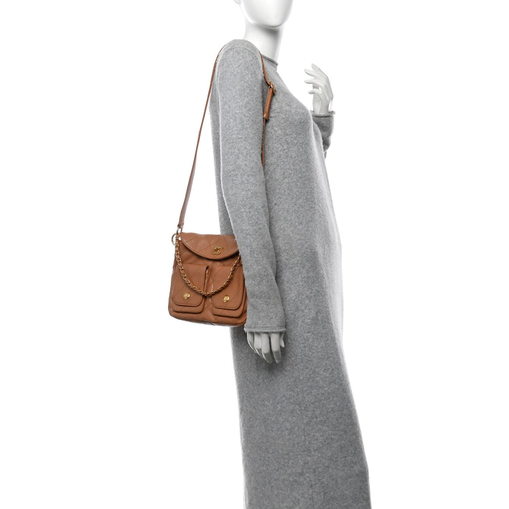 Shiny Calfskin Quilted Supple Twins Small Hobo Bag Brown
