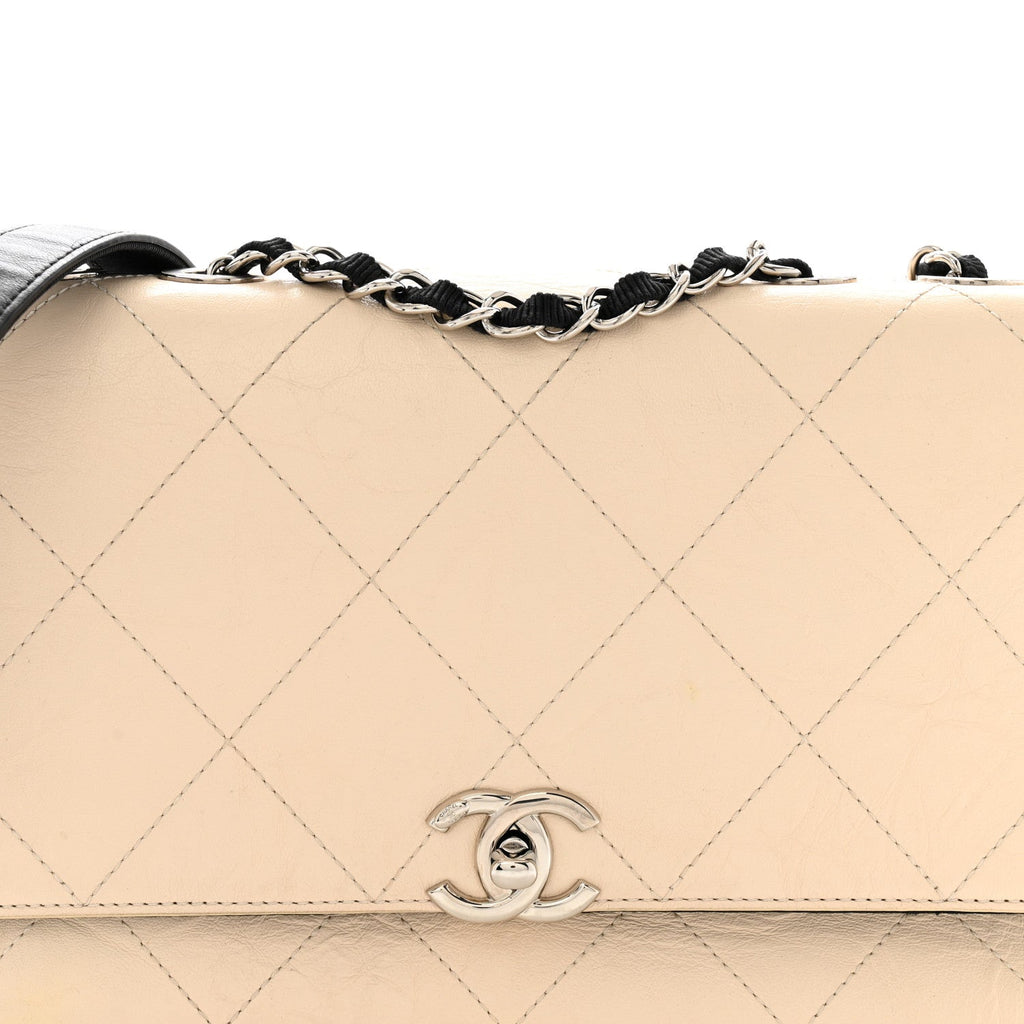 Aged Calfskin Grosgrain Quilted Chain CC Flap Ivory Black