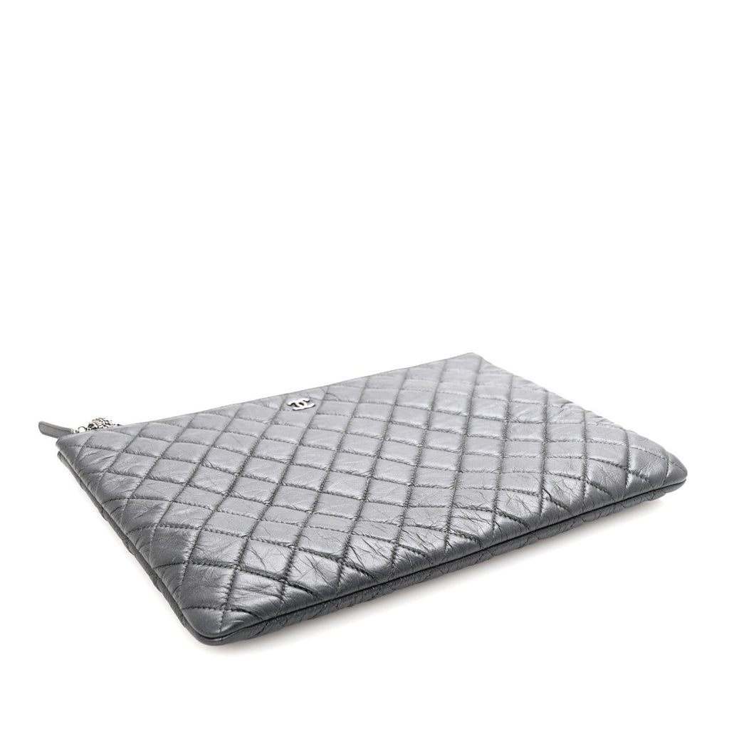 Aged Calfskin Quilted Large Tassel Cosmetic Case Dark Grey
