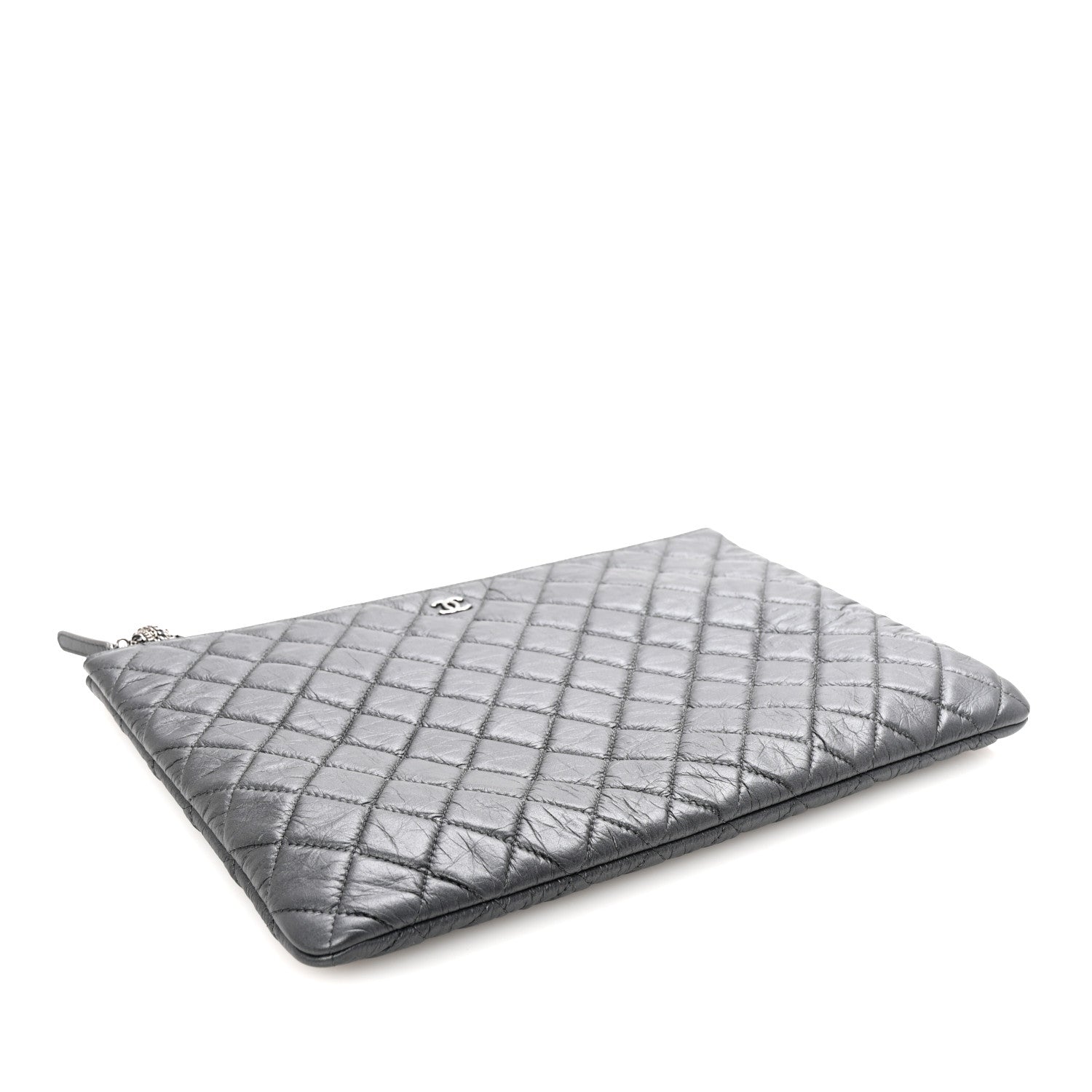 Aged Calfskin Quilted Large Tassel Cosmetic Case Dark Grey