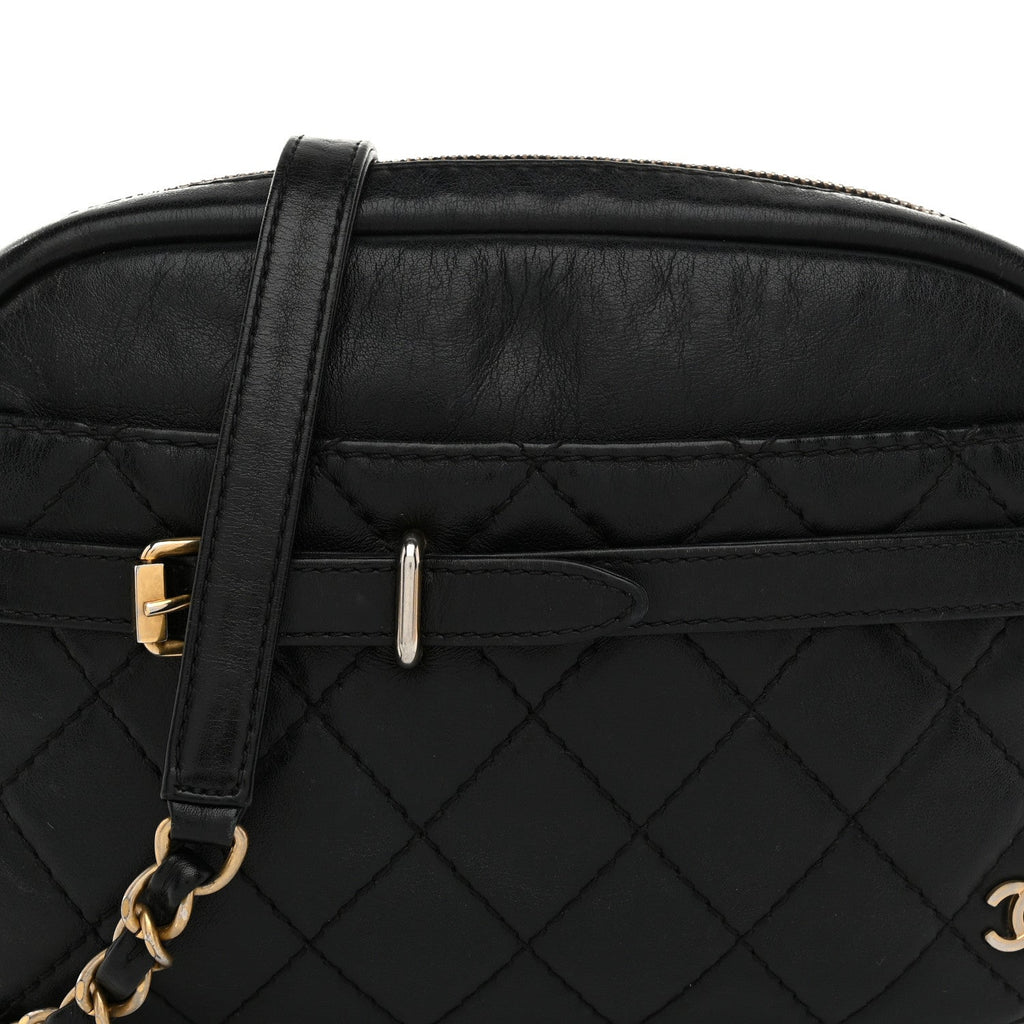 Lambskin Quilted Medium Buckle Camera Case Bag Black