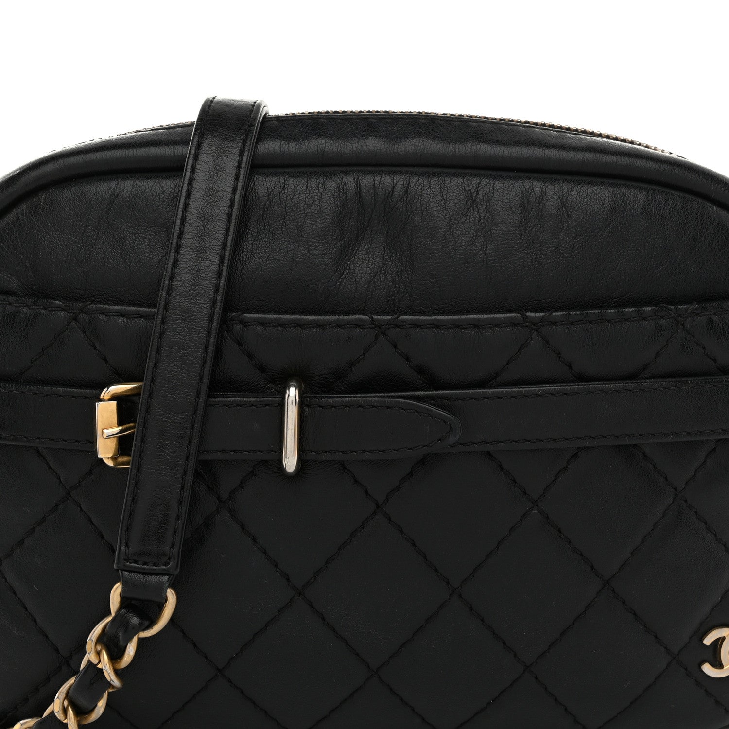 Lambskin Quilted Medium Buckle Camera Case Bag Black
