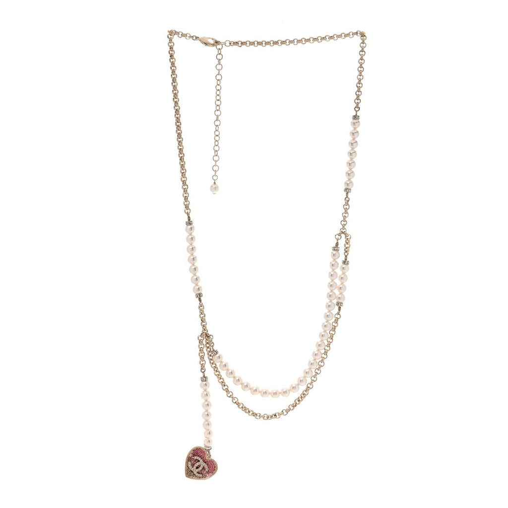 Pearl Crystal CC Heart Multi Strand Necklace Gold
