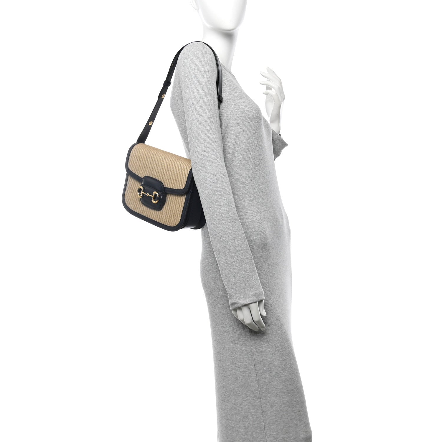 Vintage Rice Canvas Plutone Calfskin Horsebit 1955 Shoulder Bag Beige Blue