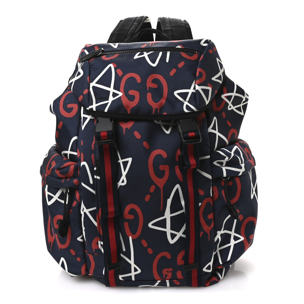 Techno Canvas GucciGhost Double Buckle Backpack Blue Agata Hibiscus Red