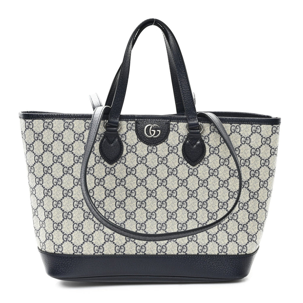 GG Supreme Monogram Textured Dollar Calfskin Medium Shoulder Tote Bag Beige Blue