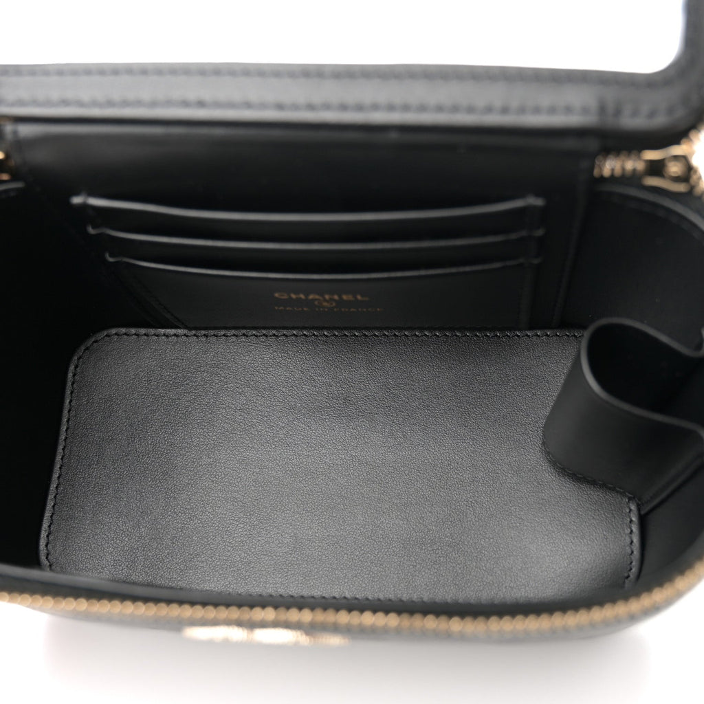 Caviar Quilted Crystal Hearts Small Vanity Case With Chain Black