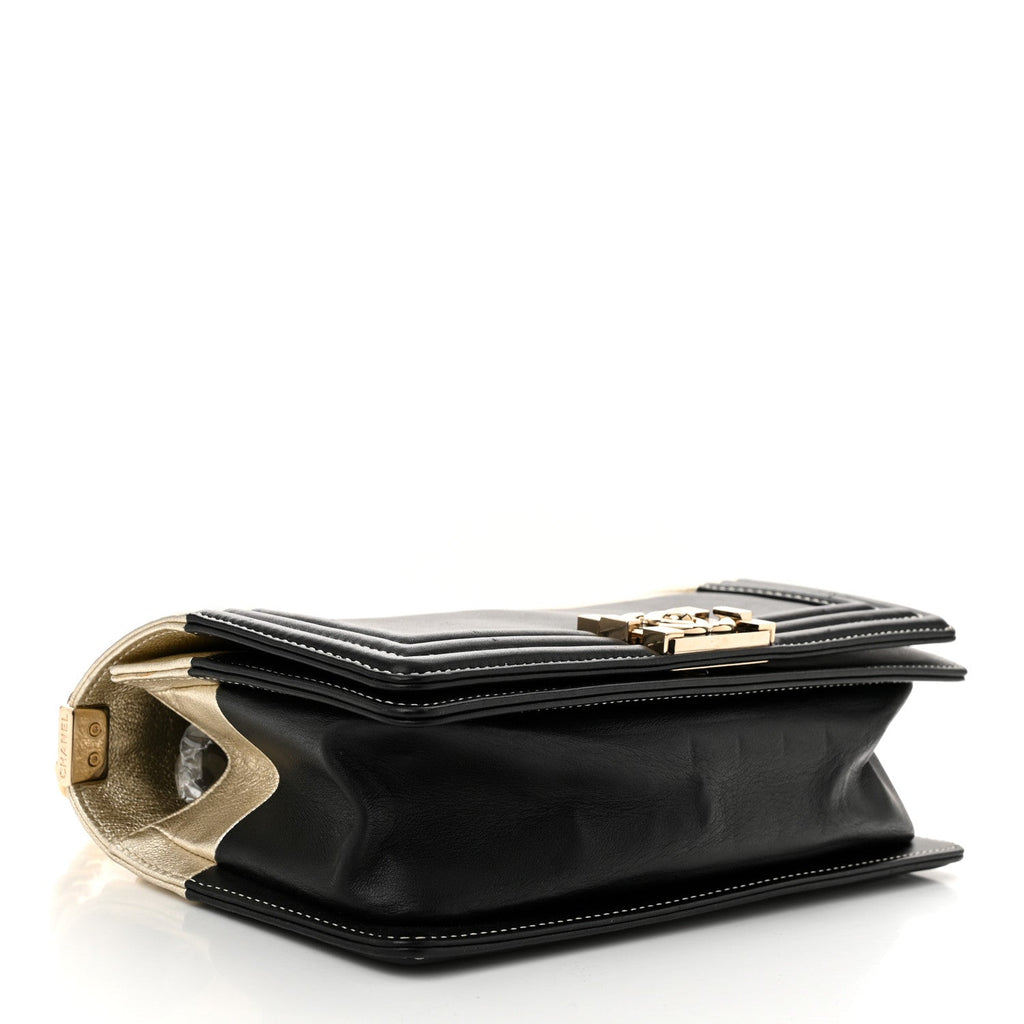 Metallic Goatskin Calfskin Medium Boy Flap Gold Black