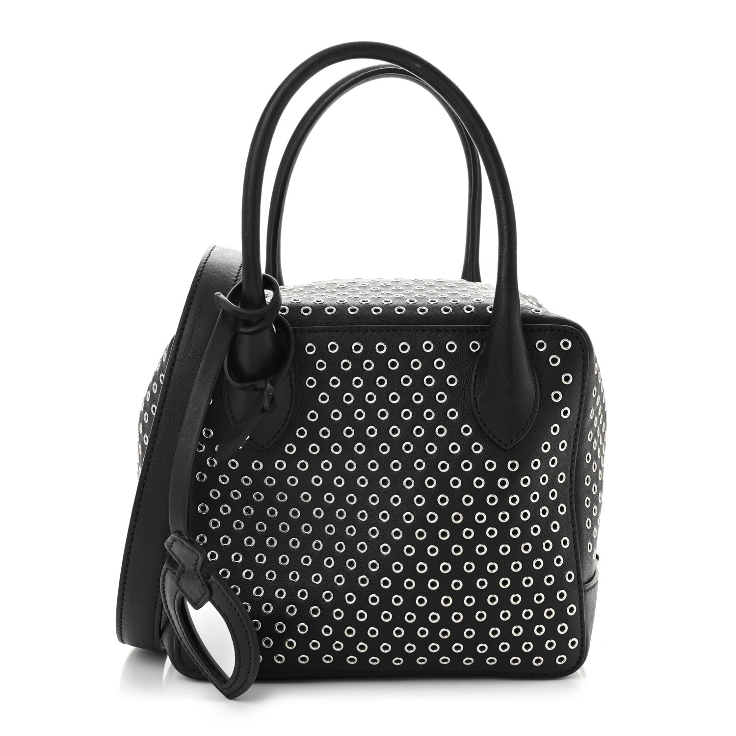 Calfskin Grommet Studded Top Handle Bag Black