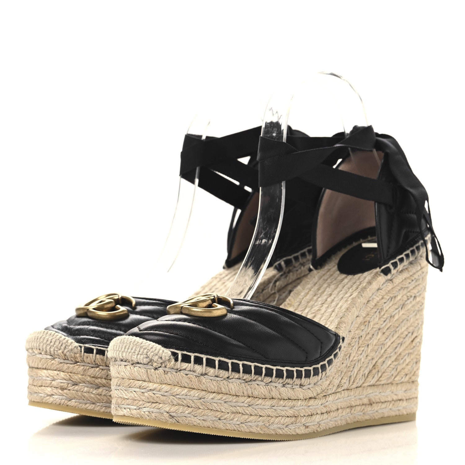 Nappa Matelasse GG Marmont Ankle Wrap Platform 35/120mm Espadrille Wedges 40.5 Black
