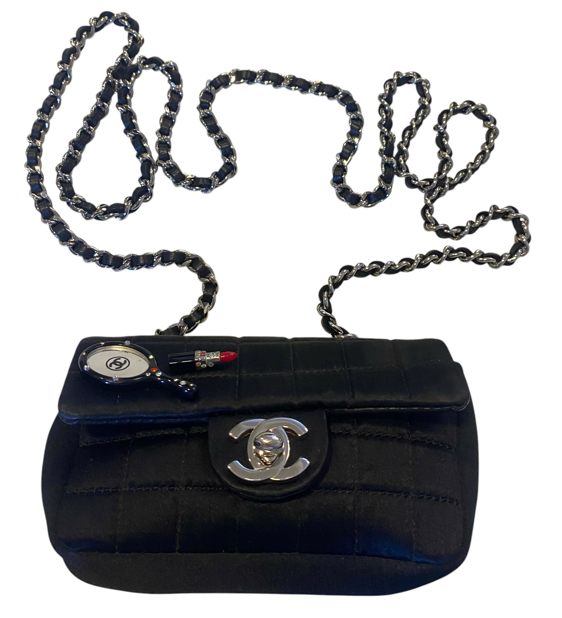 Chanel 04A Black Satin Mini Micro Square Quilted Lipstick Mirror Charm Flap Bag