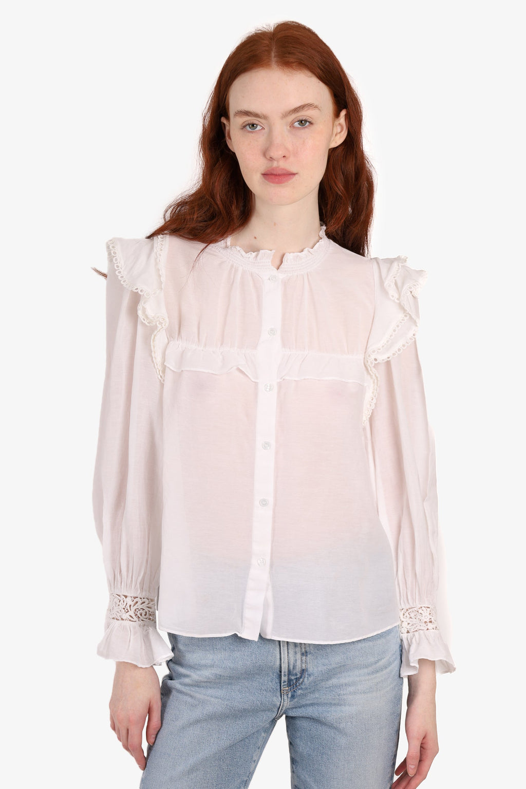 Isabel Marant Etoile White Long Sleeve Shoulder Cotton Lace Details Blouse Size 34