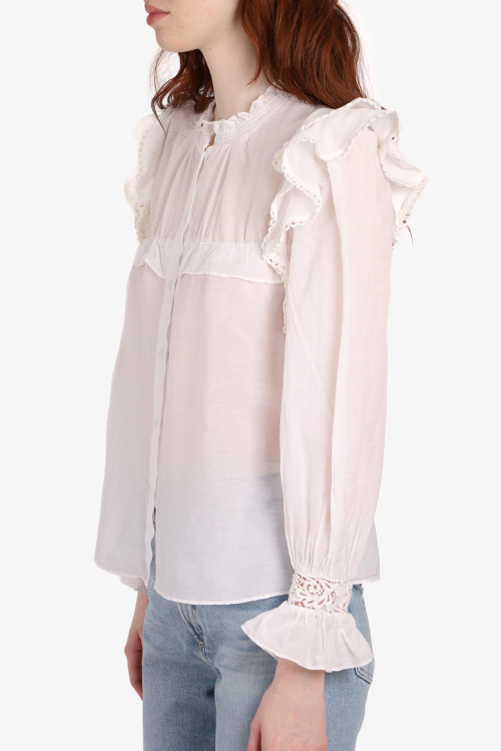 Isabel Marant Etoile White Long Sleeve Shoulder Cotton Lace Details Blouse Size 34