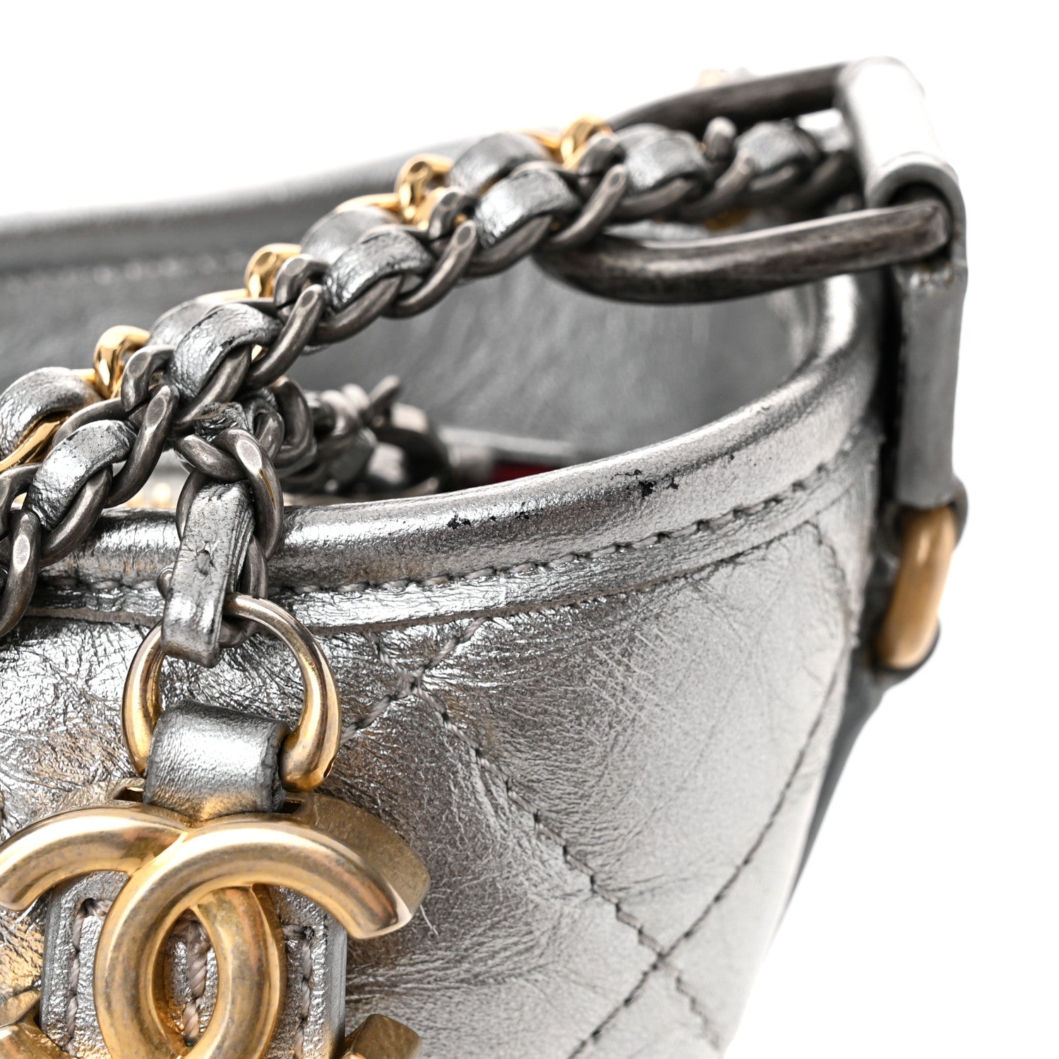 Metallic Aged Calfskin Quilted Medium Gabrielle Silver