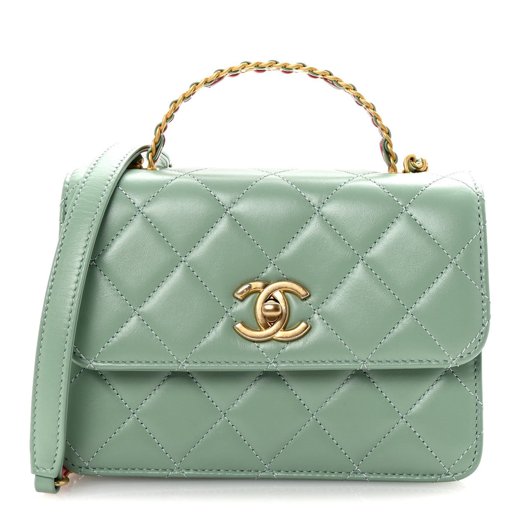 Shiny Calfskin Quilted Mini Metal Top Handle Flap Light Green