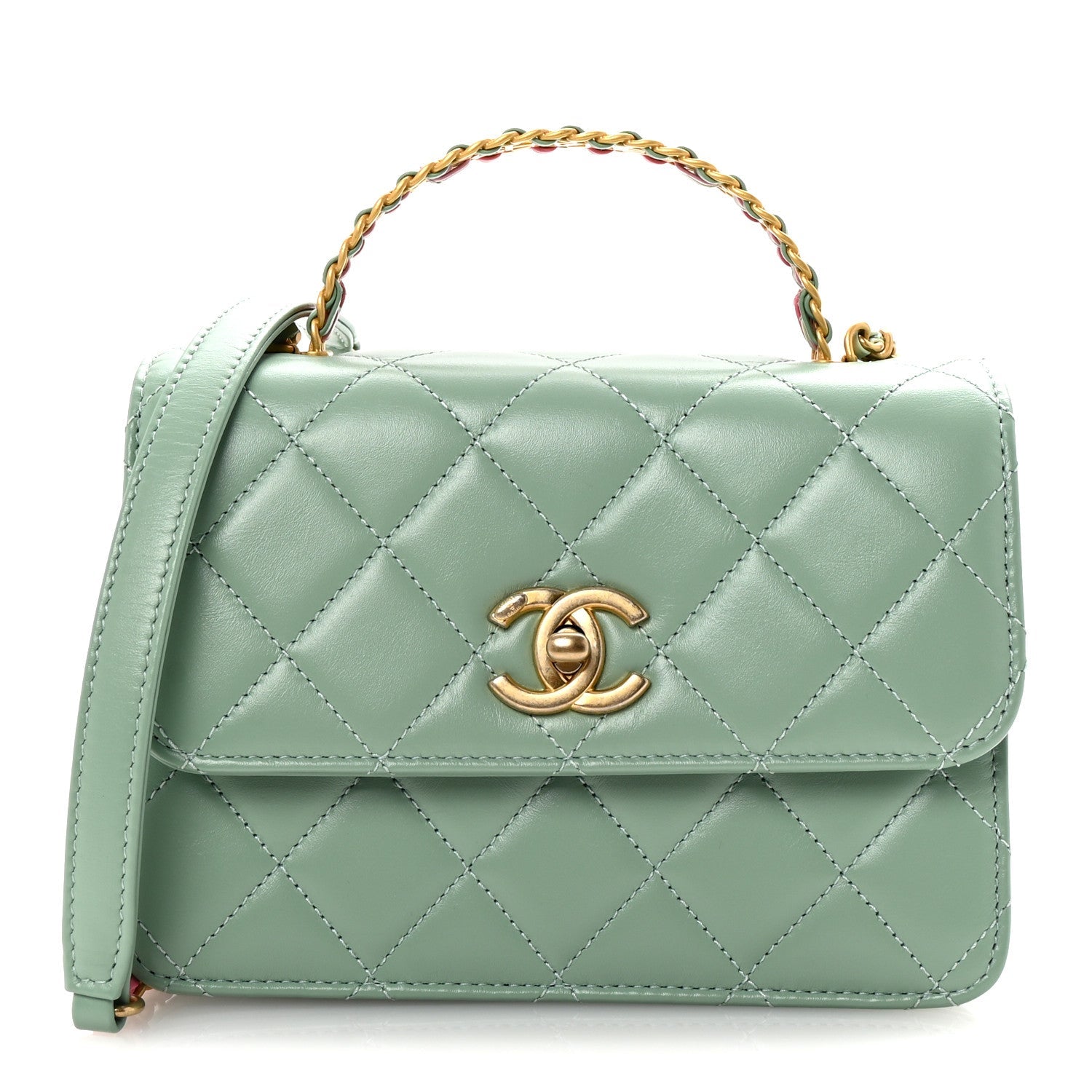Shiny Calfskin Quilted Mini Metal Top Handle Flap Light Green